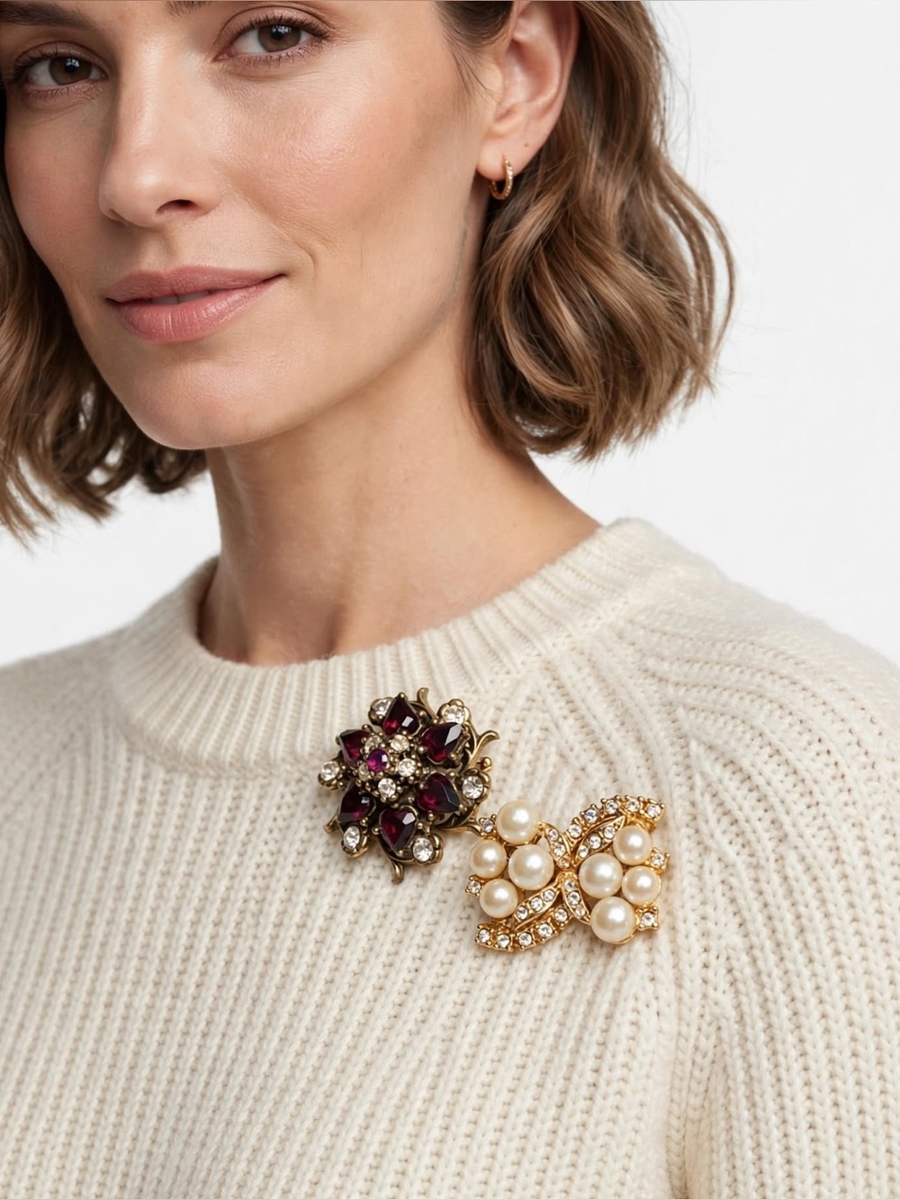 Vintage Gold Pearl and Garnet Floral Brooch Set